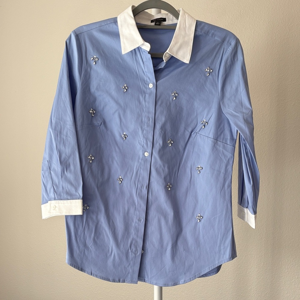Ann Taylor Light Blue Embellished Shirt with White Rhinestone Accentsl Like new
